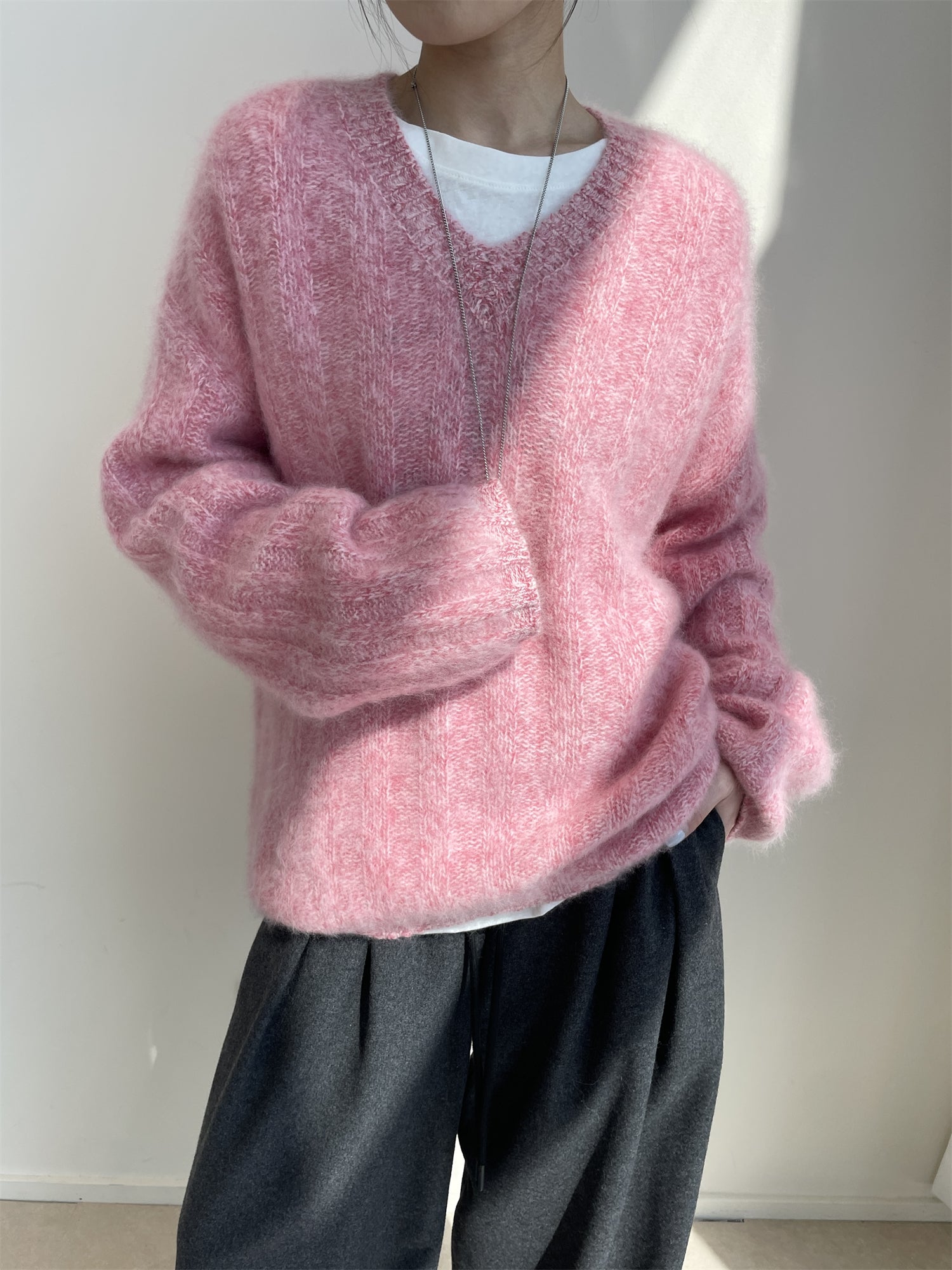 Women’s Wool Cashmere V-Neck Ribbed Knit Sweater | Soft Brushed Pullover with Relaxed Fit