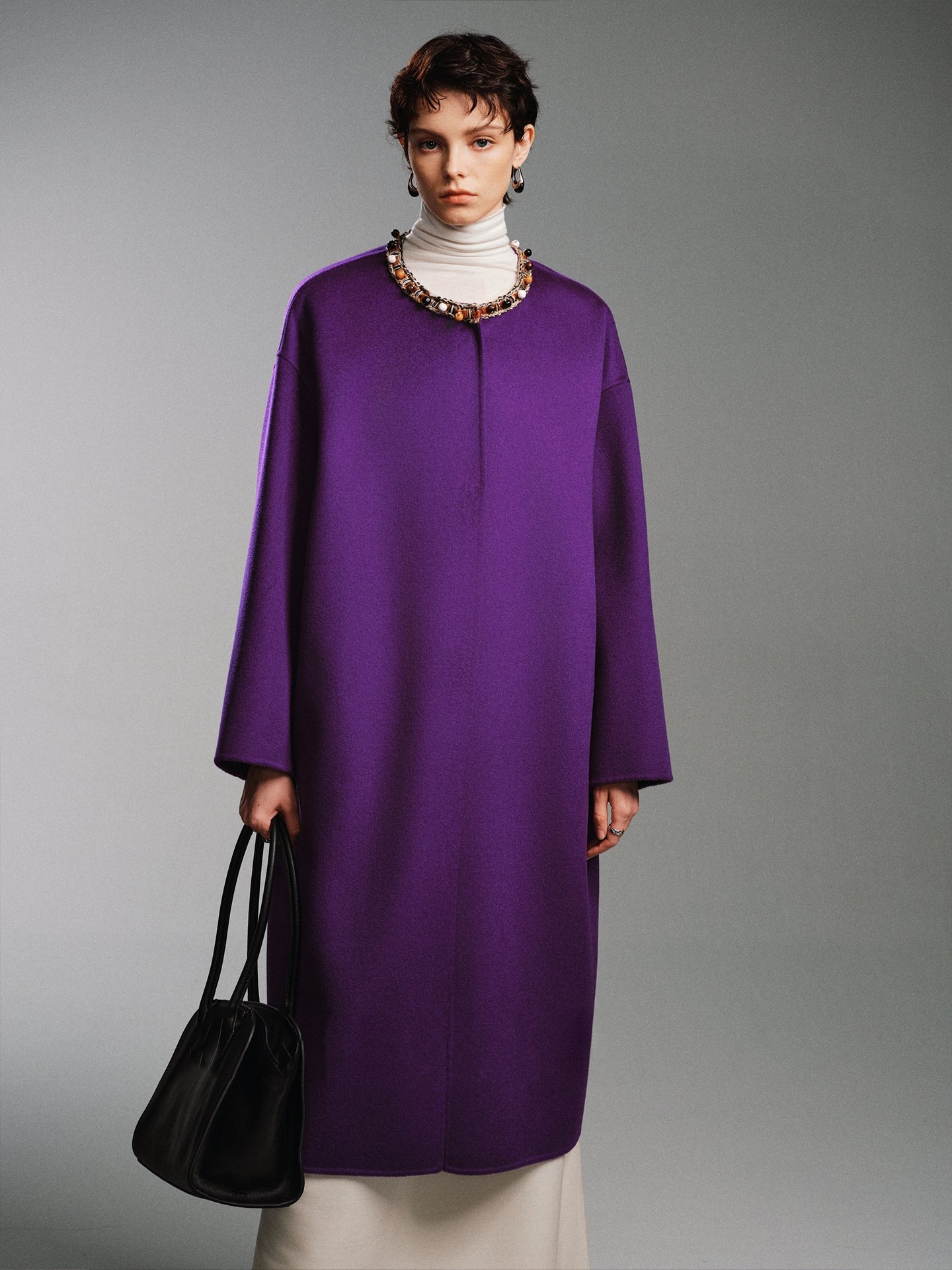 Luxury Cashmere Blend Beaded Coat | Original Designer Double-Sided Wool Overcoat for Women, Forest &amp; Deer Inspired Design