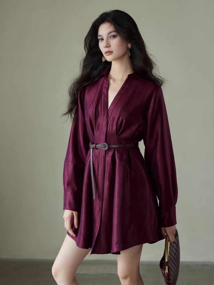 Lustrous Jacquard Satin Shirt Dress for Women – Belted Waist A-Line Mini Dress with Refined Sheen