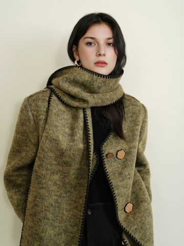 Women's Designer Green Wool Coat with Reversible Scarf – Double-Faced Wool Winter Overcoat