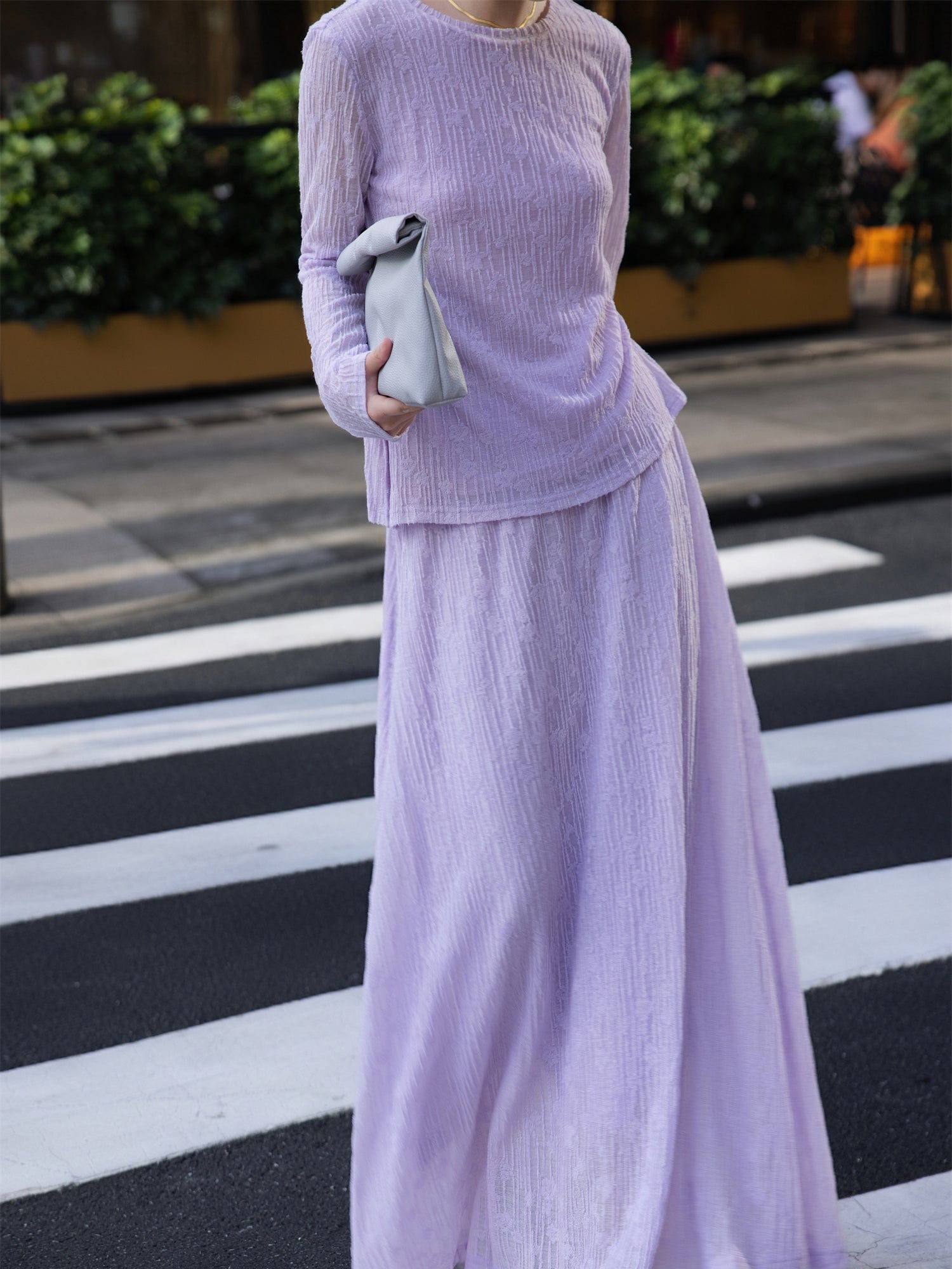 Early Autumn Violet Wool Set – Textured Tweed Top & Skirt Two-Piece