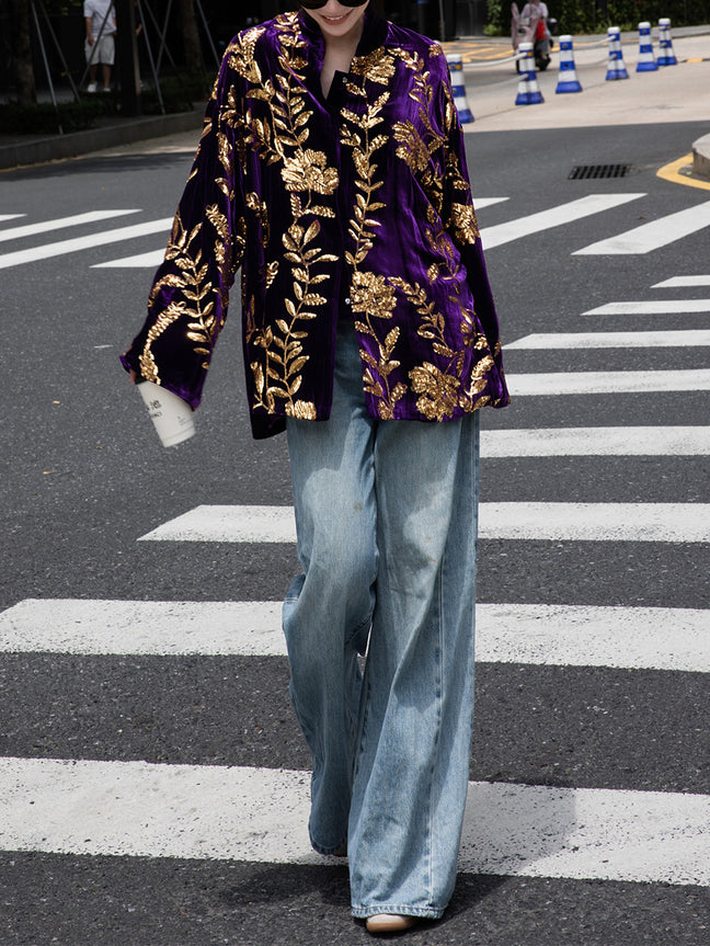 Luxury Silk Velvet Cardigan – Heavy Sequin Embellished, Mandarin Collar, Relaxed Fit