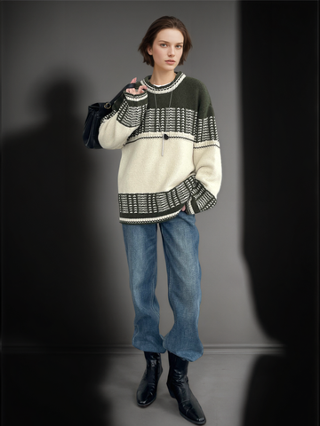 Women’s Mercerized Wool Fair Isle Knit Sweater | Color-Block Crew Neck Pullover