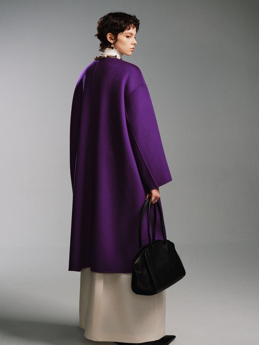 20% Cashmere Original Design Double-Faced Wool Coat for Women – Beaded Embellished Mid-Length Overcoat