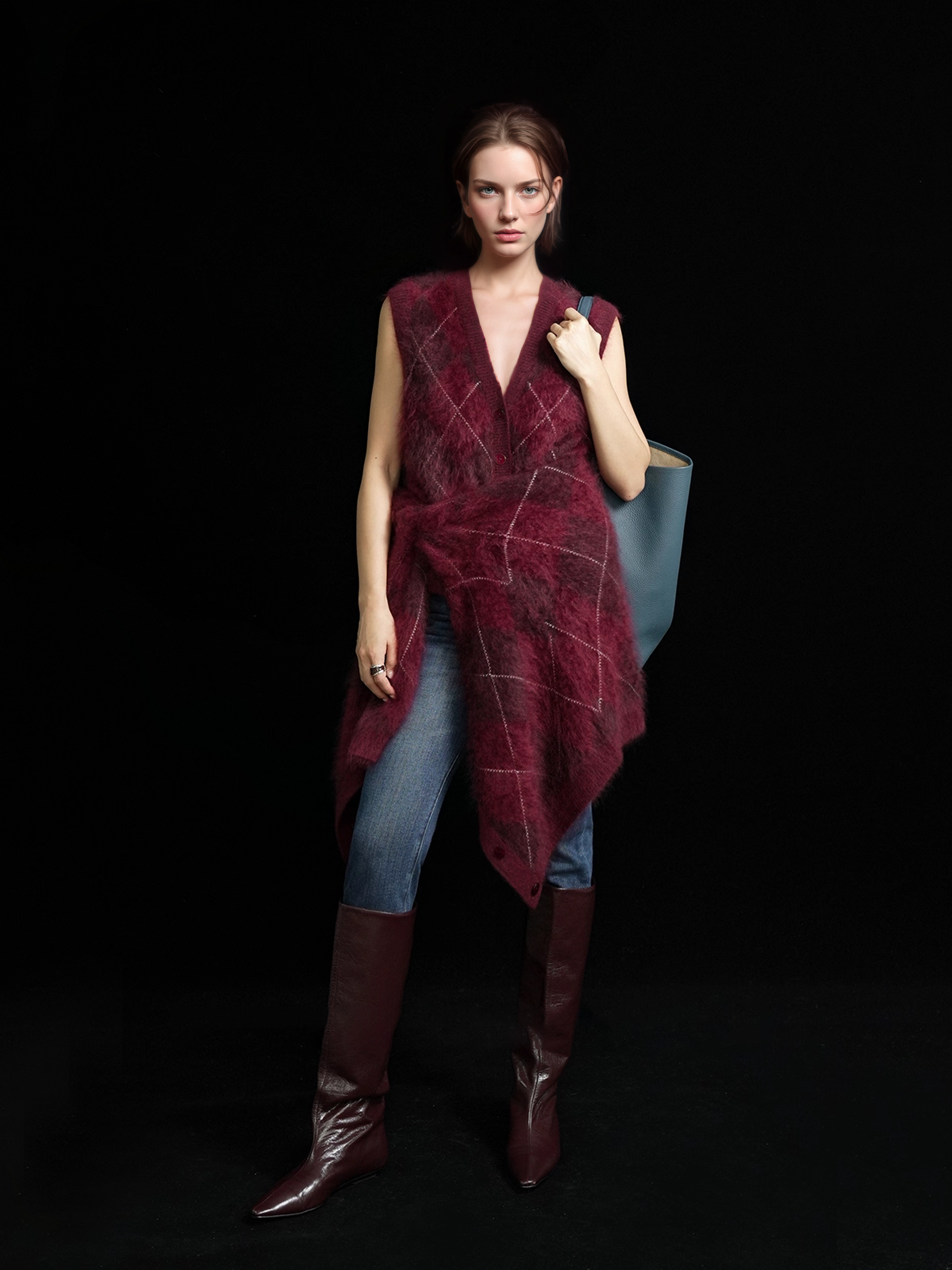 Heavyweight Brushed Knit Vintage Diamond-Pattern Sweater Vest for Women