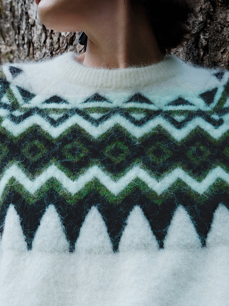 Nomadic Pattern Alpaca Wool & Merino Wool Blend Embroidered Sweater – Misty Fog Effect