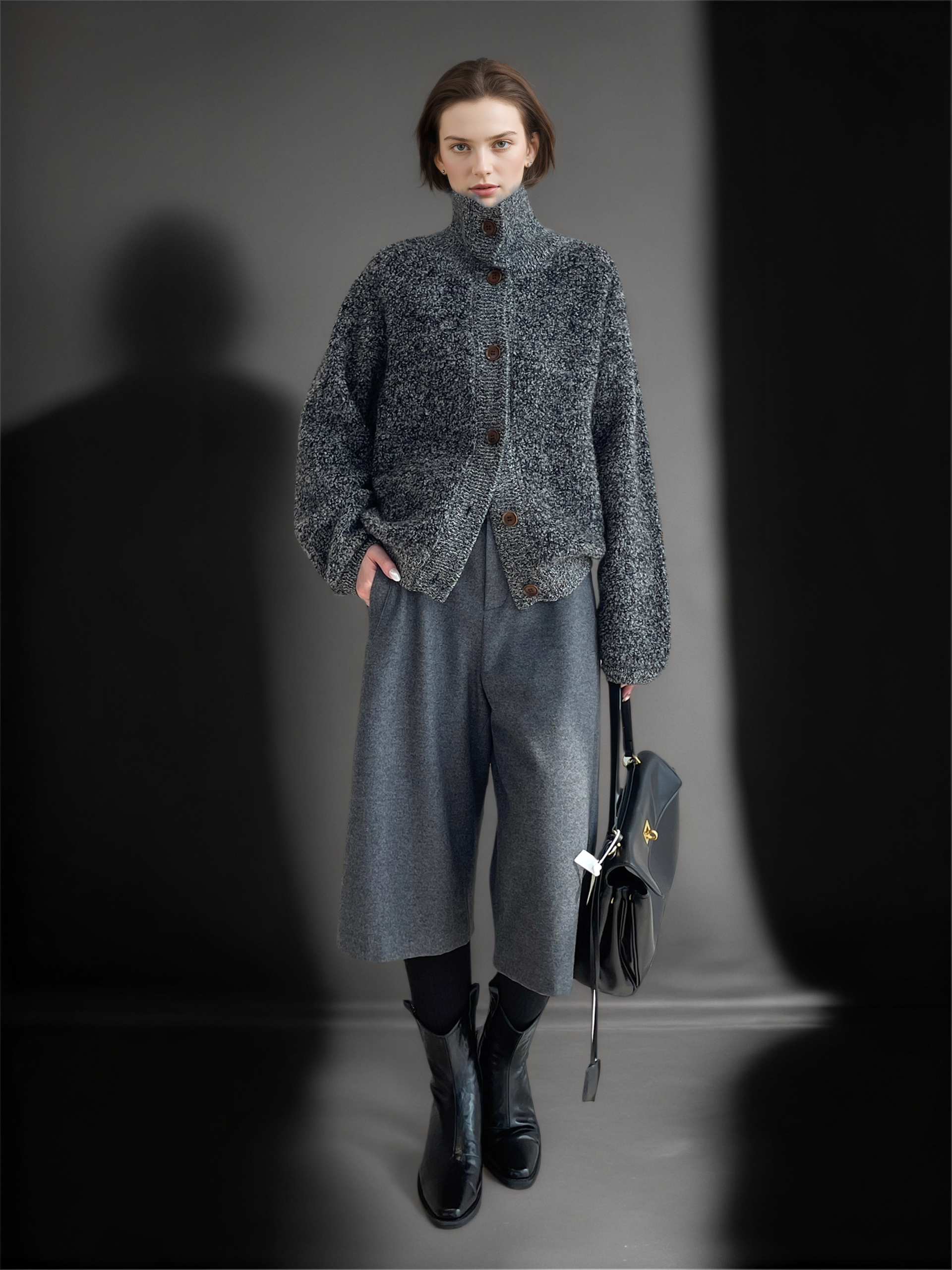 100% Wool Bouclé Knit Stand Collar Sweater Jacket for Women | Heavyweight Thick Textured Wool Cardigan