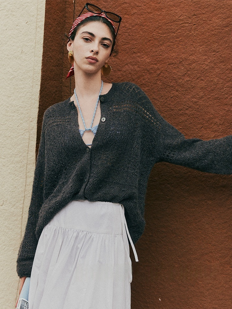 South of France Holiday Glitter Cardigan – Cashmere Blend Metallic Loose-Fit Knit