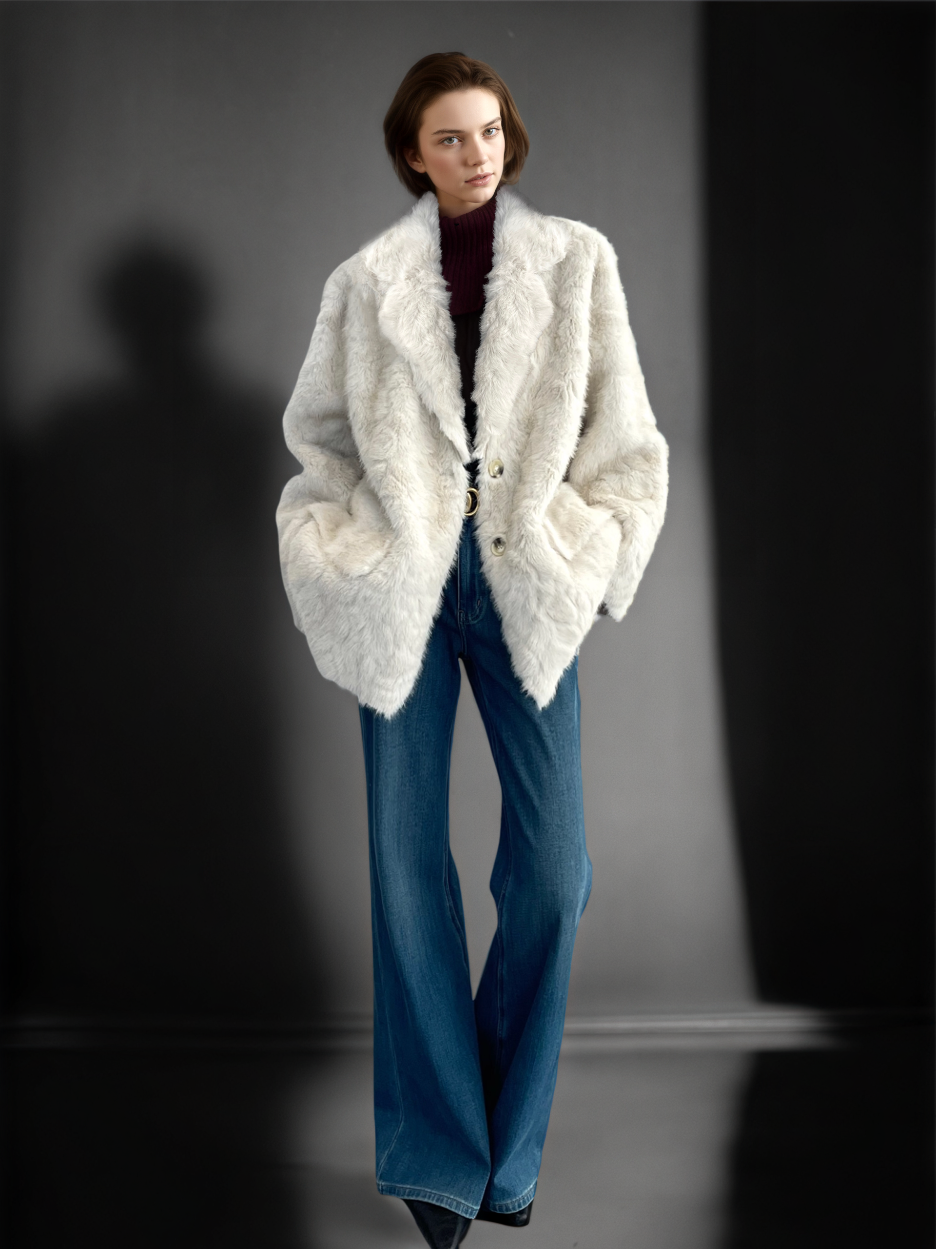 Women’s Faux Shearling Blazer Coat with V-Neck | Chic Bouclé Style Eco Fur Jacket for Winter