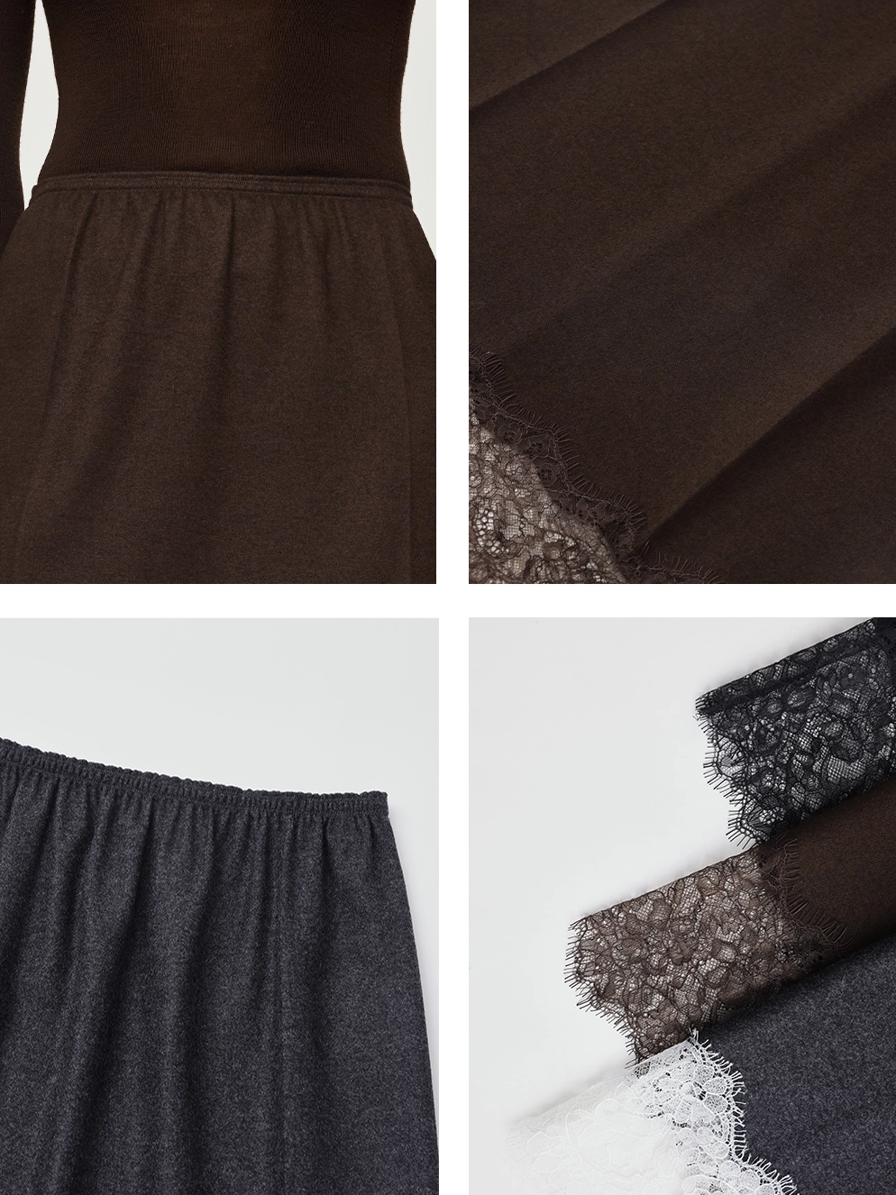 Italian VBC Wool Flannel Skirt for Women | French Lace, Elastic Waist, Straight Midi Skirt