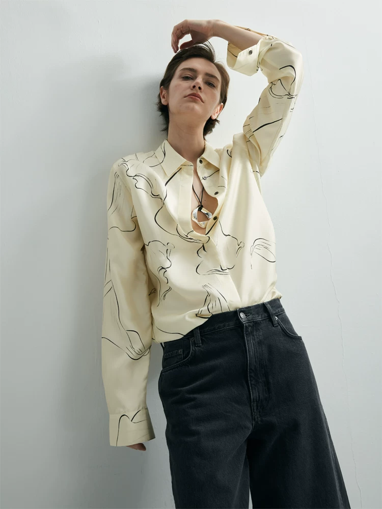 Women's Hand-Drawn Calla Lily Line Print Relaxed-Fit Silk Long-Sleeve Shirt – Mulberry Silk Office Blouse