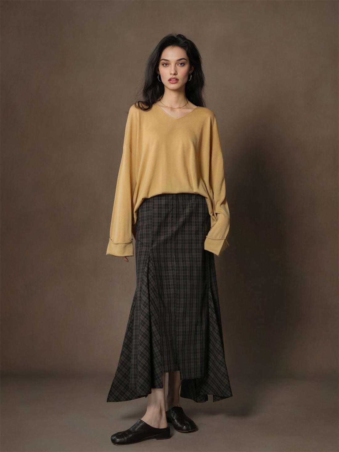 Designer Autumn Old Money Style Asymmetrical Fish Tail Plaid Midi Skirt - Lightweight Long-Length