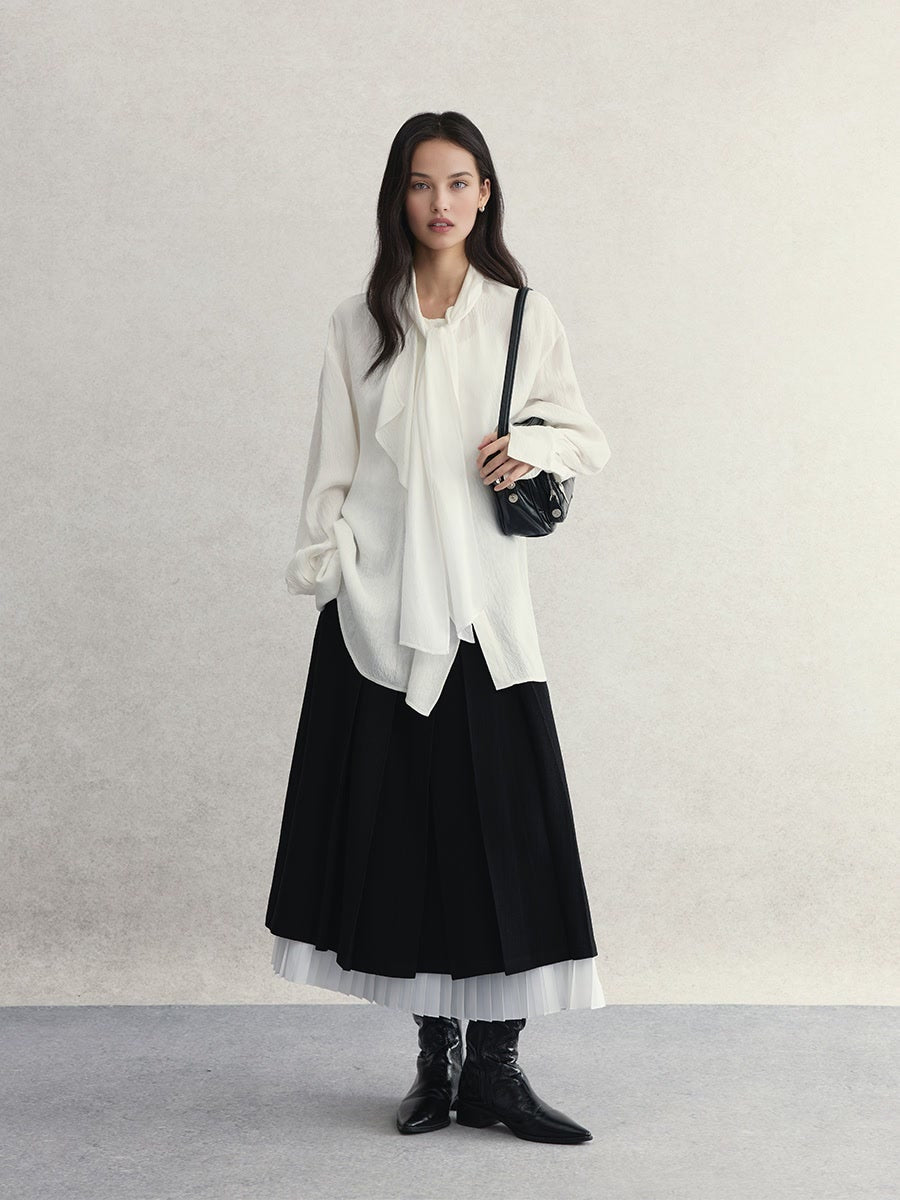 Preppy Style Black and White Piano Key Pleated A-Line Skirt | High-Waisted Accordion Pleated Midi Skirt