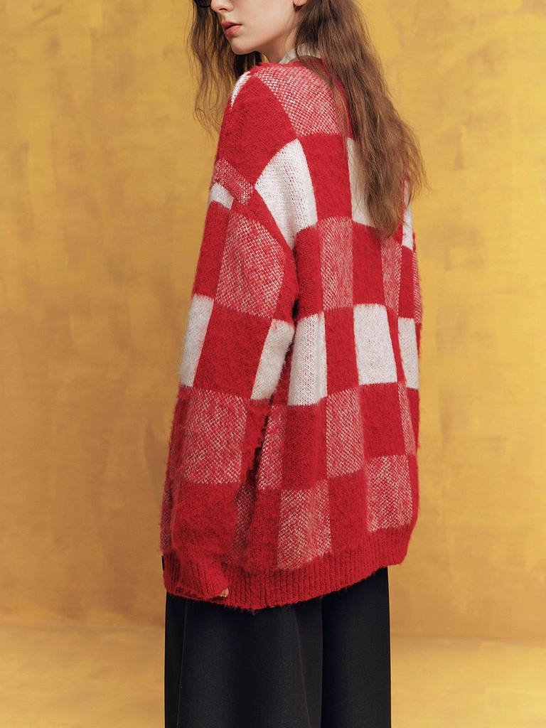French-Style Wool Checkered Christmas Cardigan – New Cozy Loose-Fit Knit Sweater for Women