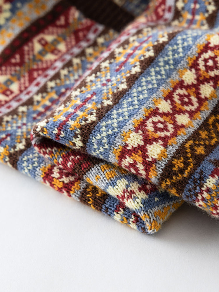 Fair Isle Jacquard Knit Vest for Women – French Vintage Scissor V-Neck Geometric Sweater Top