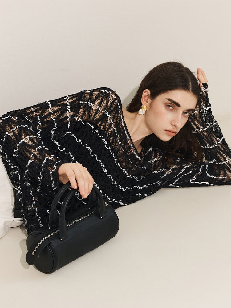 Nomadic Style Artisanal Hollow-Knit Boat Neck Top – Slimming Fit and Exquisite Craftsmanship