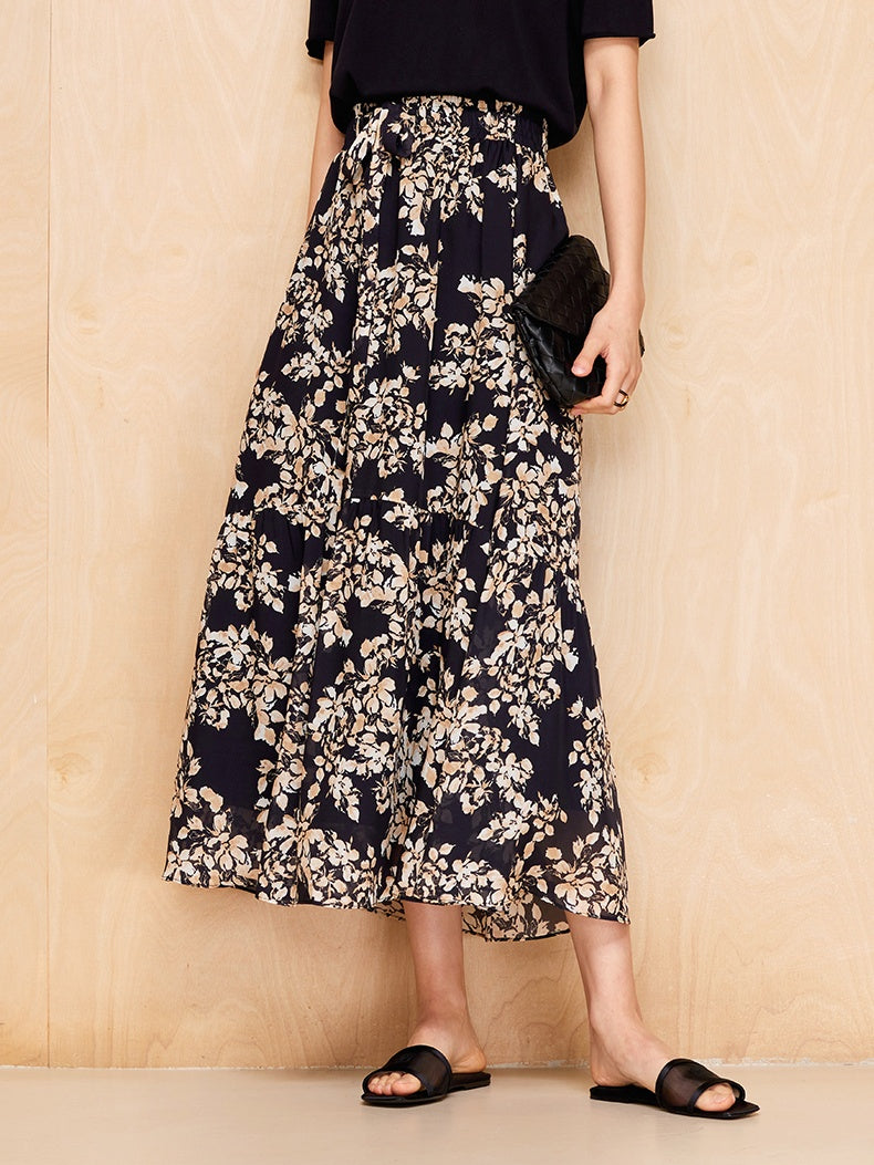 100% Mulberry Silk Floral Print Elastic Waist A-Line Midi Skirt
