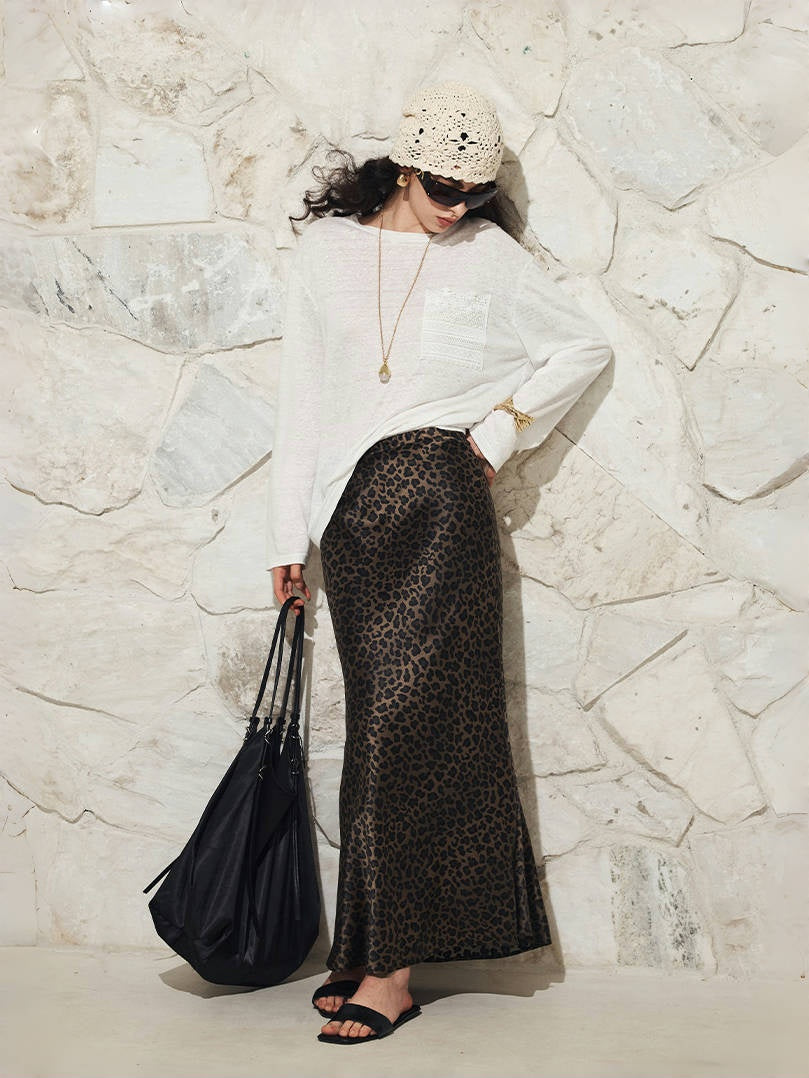 Vintage Bronze Leopard Print Crepe Satin Silk Skirt