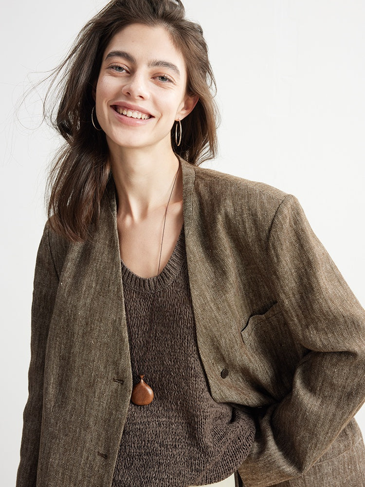 Old Money Linen Collarless Blazer – Minimalist Elegance for Women