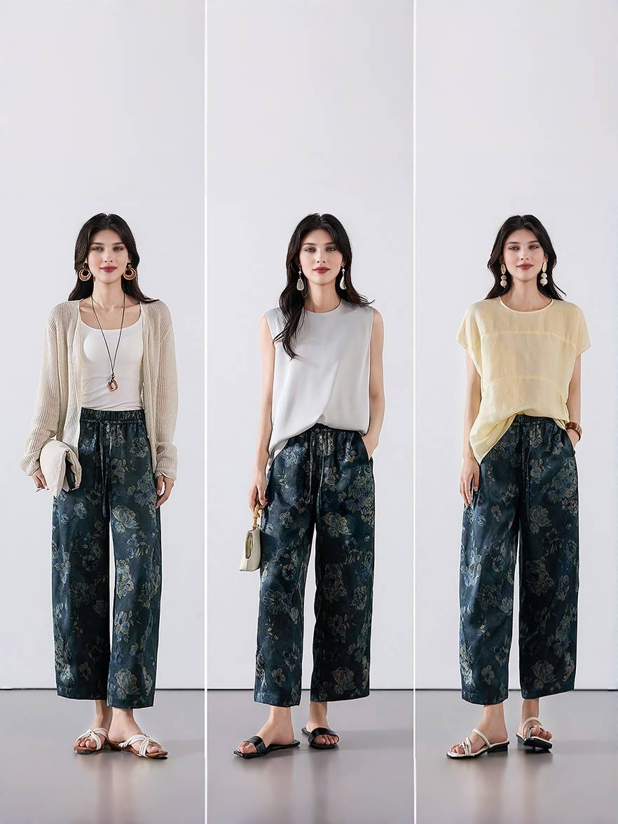 Golden Peony Jacquard Cocoon Pants in 22 Momme Gambiered Guangdong Silk