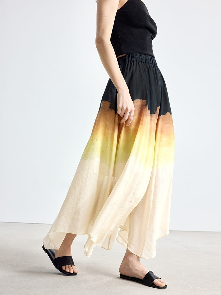 Artistic Gradient Sunset Print Tencel Pleated Skirt with Flared Hem