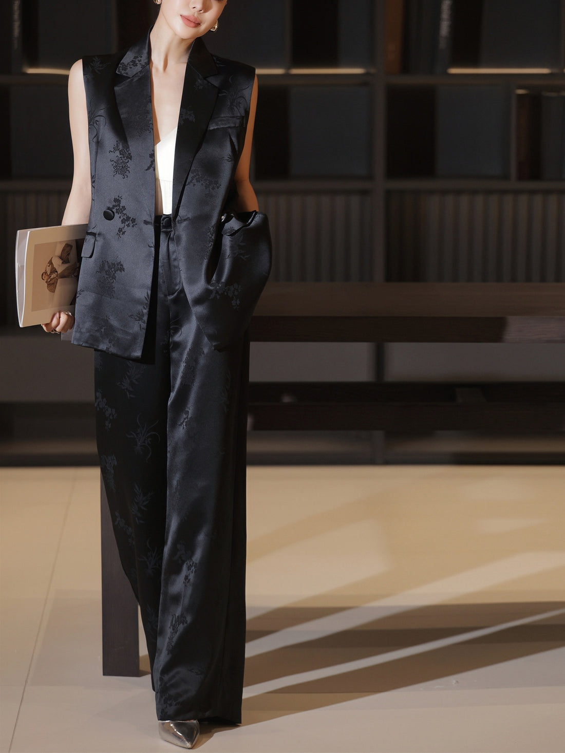 Acetate Jacquard Vest + Wide-Leg Pants Two-Piece Set