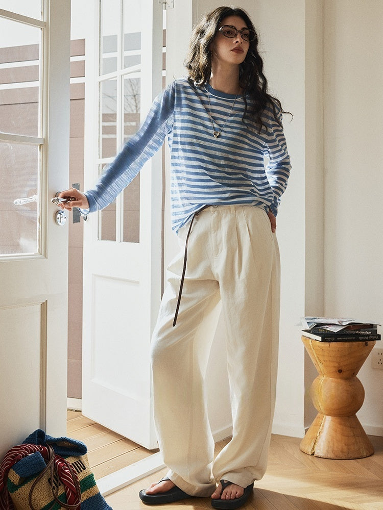 French Sheer Breton Knit Top – Lightweight Linen Lyocell Blend, Breathable & Relaxed Fit