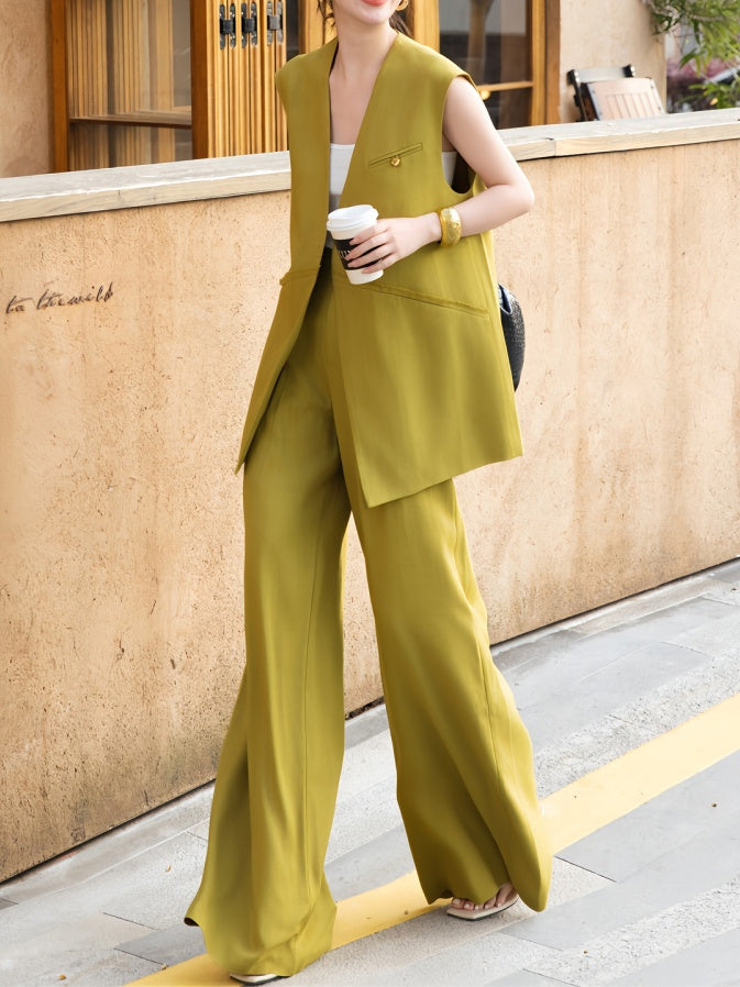 Mustard Yellow Acetate Vest + Wide-Leg Pants Two-Piece Set