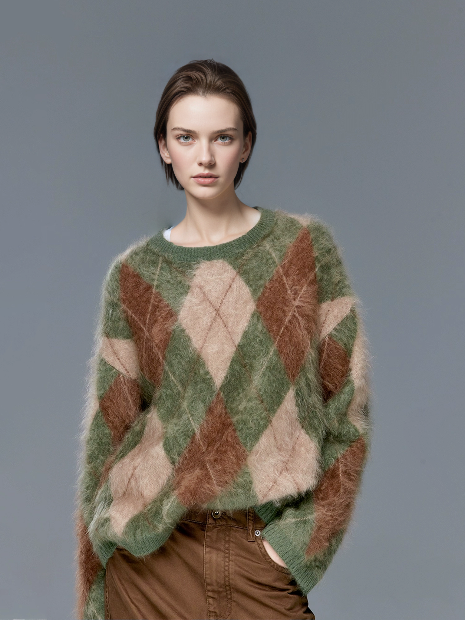 Brushed Cashmere Diamond-Pattern Crewneck Sweater for Women | Soft Long-Sleeve Knit in British-Inspired Style