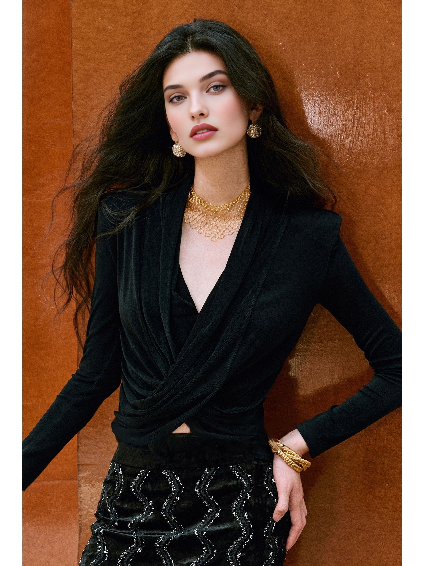 Glossy Heavyweight Acetate Knit | Cross Draped Neckline Natural Pleating Structured Shoulder Slim Fit Top