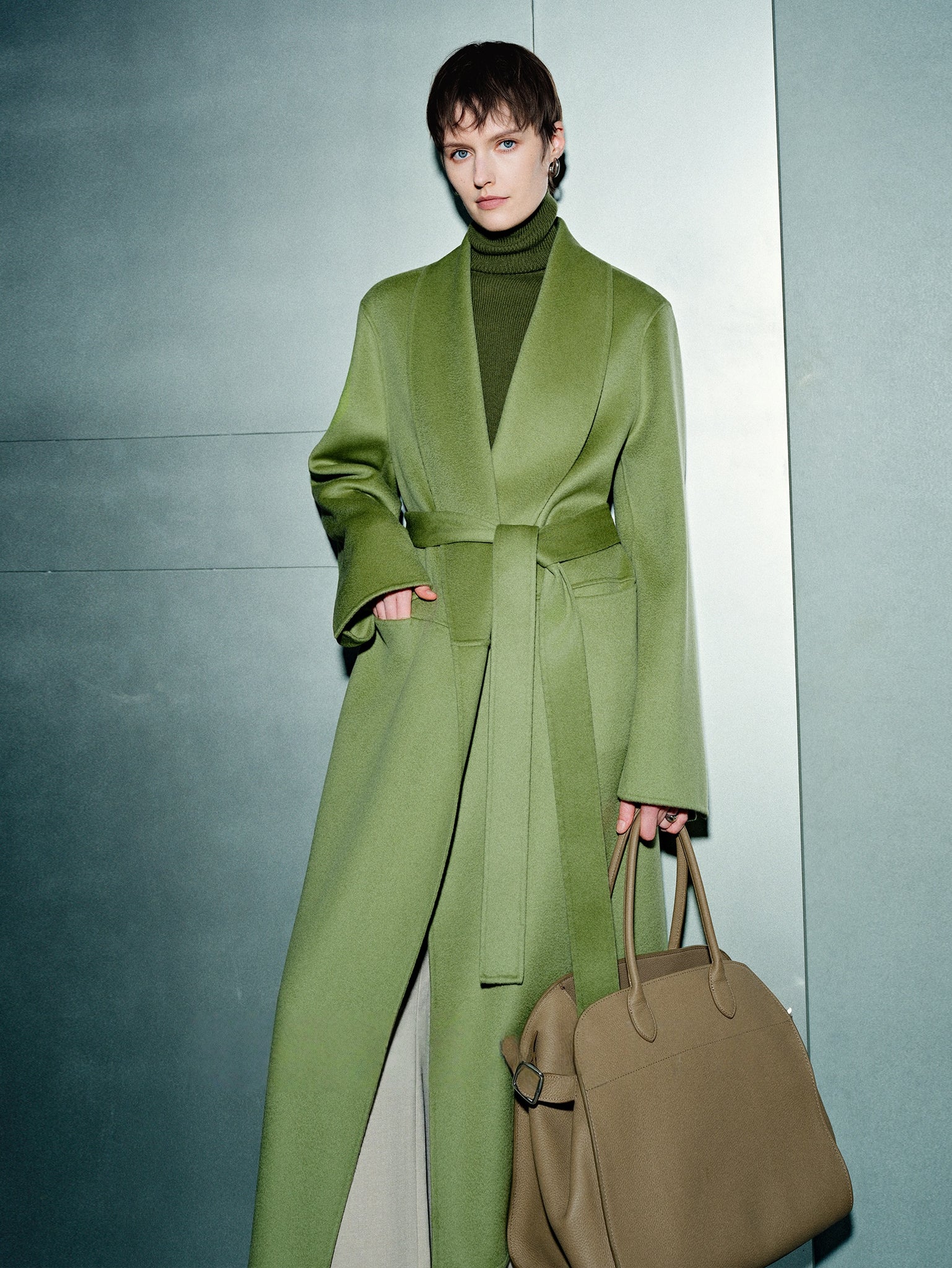 100% Cashmere Double-Faced Coat for Women – Elegant Moonlight Green Wool Overcoat