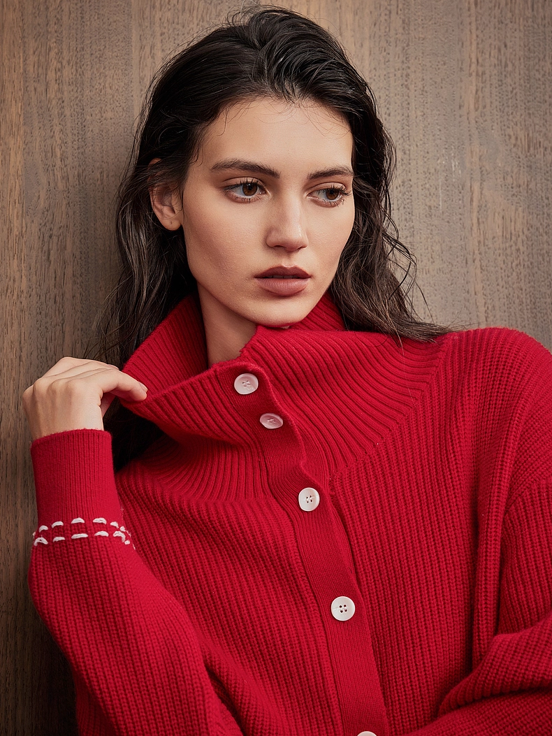 Red Knit Cardigan for Women – New Winter Merino Wool Cozy Christmas Sweater