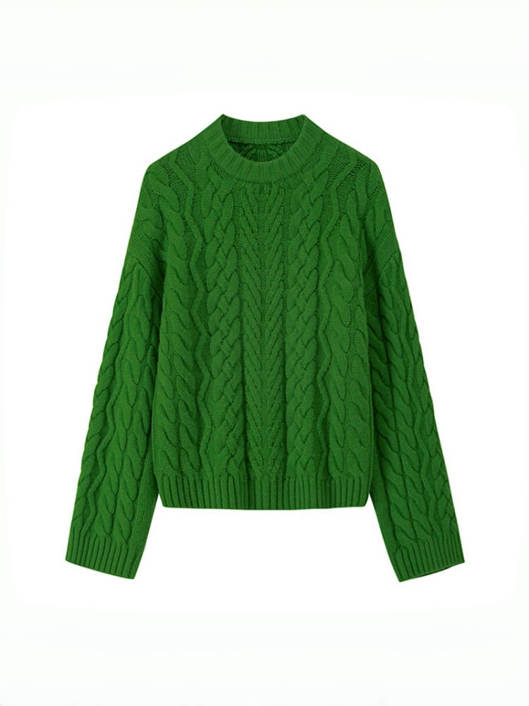 Retro Green Wool Cable Knit Sweater – Loose Christmas Pullover for Women, Autumn Winter Outfit