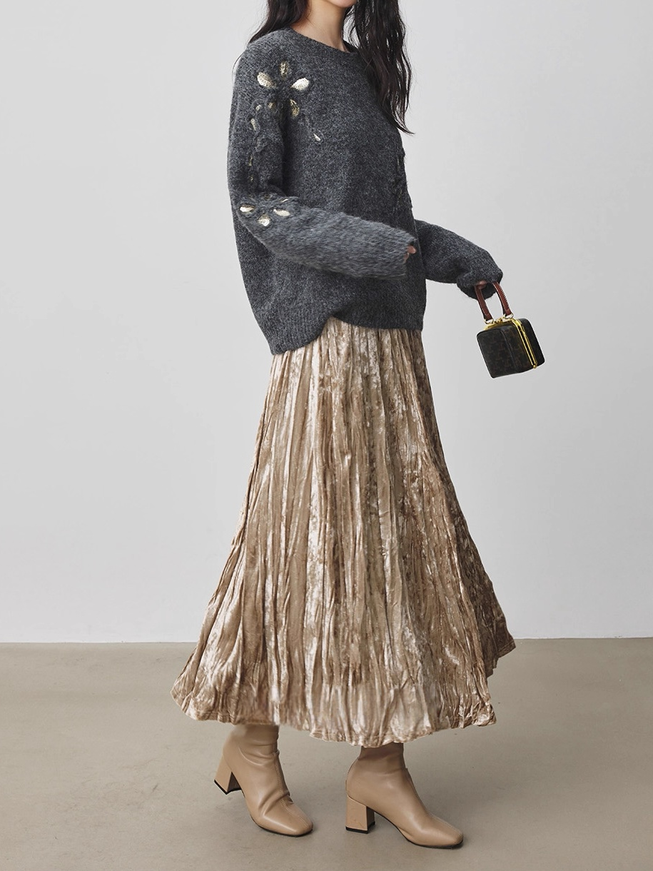 Champagne Velvet Pleated Skirt for Women — High-Waist Long A-Line Winter Skirt