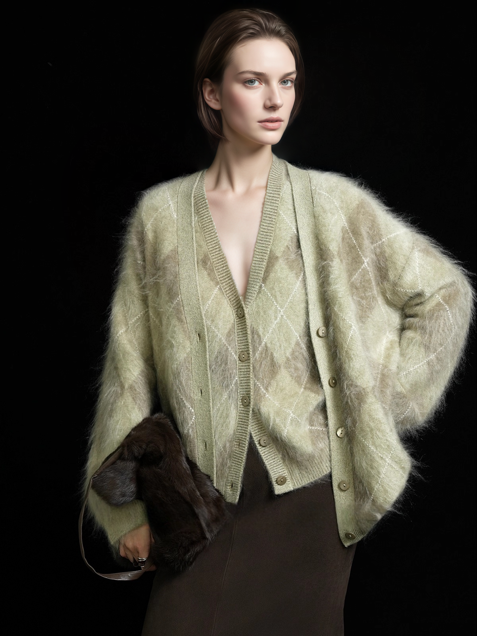 Heavyweight Brushed Knit Vintage Diamond-Pattern Cardigan for Women