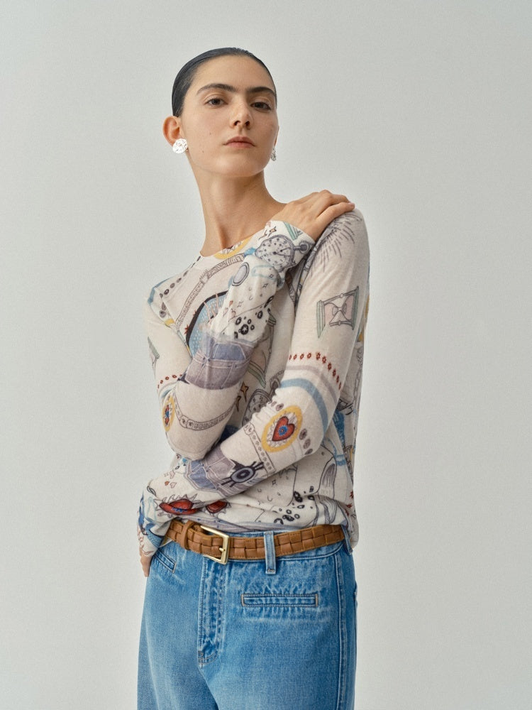 Colorful Hand-Painted Print Ultra-Soft Water-Soluble Wool Knit Sweater