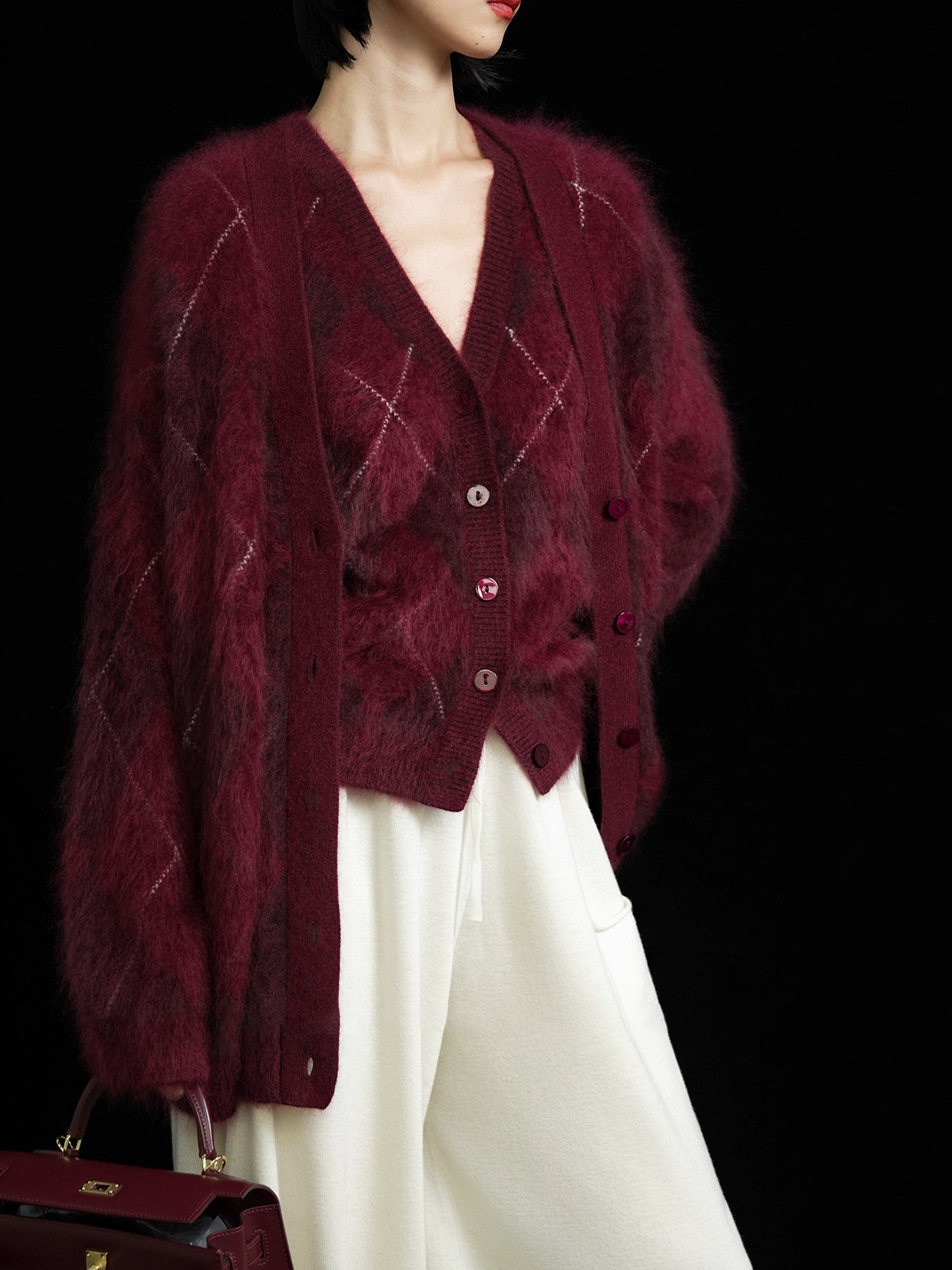 Heavyweight Brushed Knit Vintage Diamond-Pattern Cardigan for Women