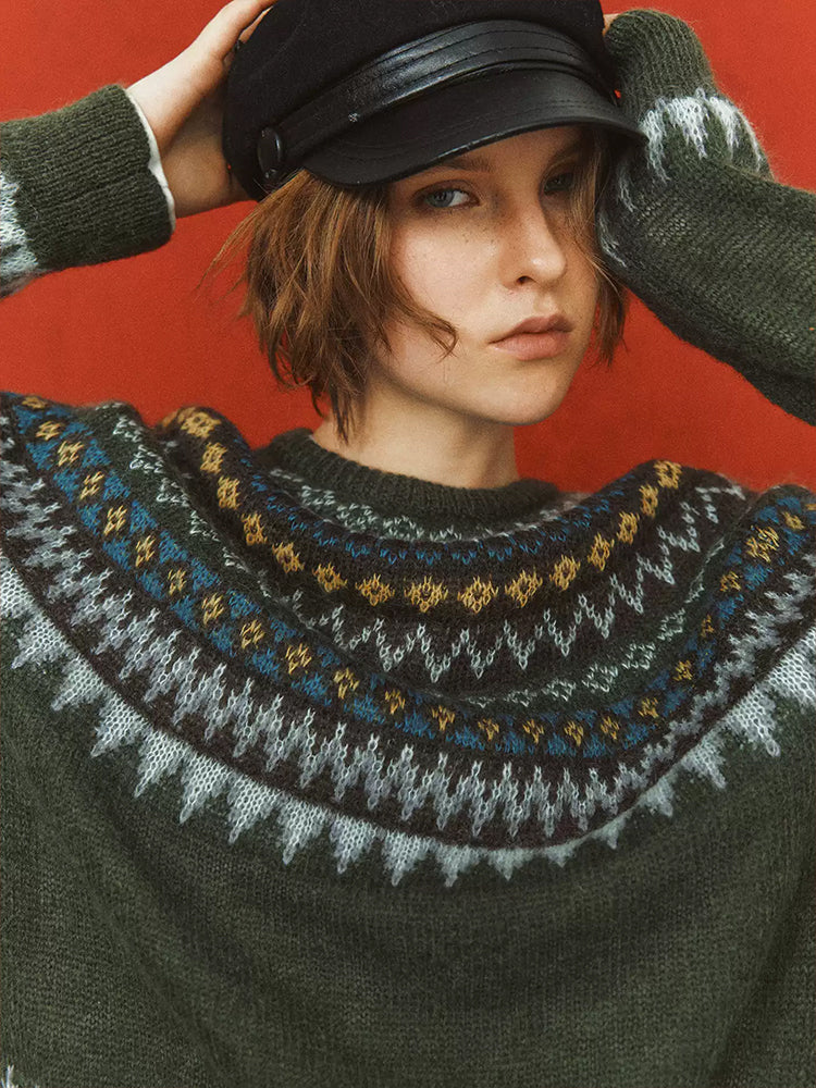 Fair Isle Geometric Knit Sweater for Women – Wool Mohair Blend Raglan Crewneck Pullover