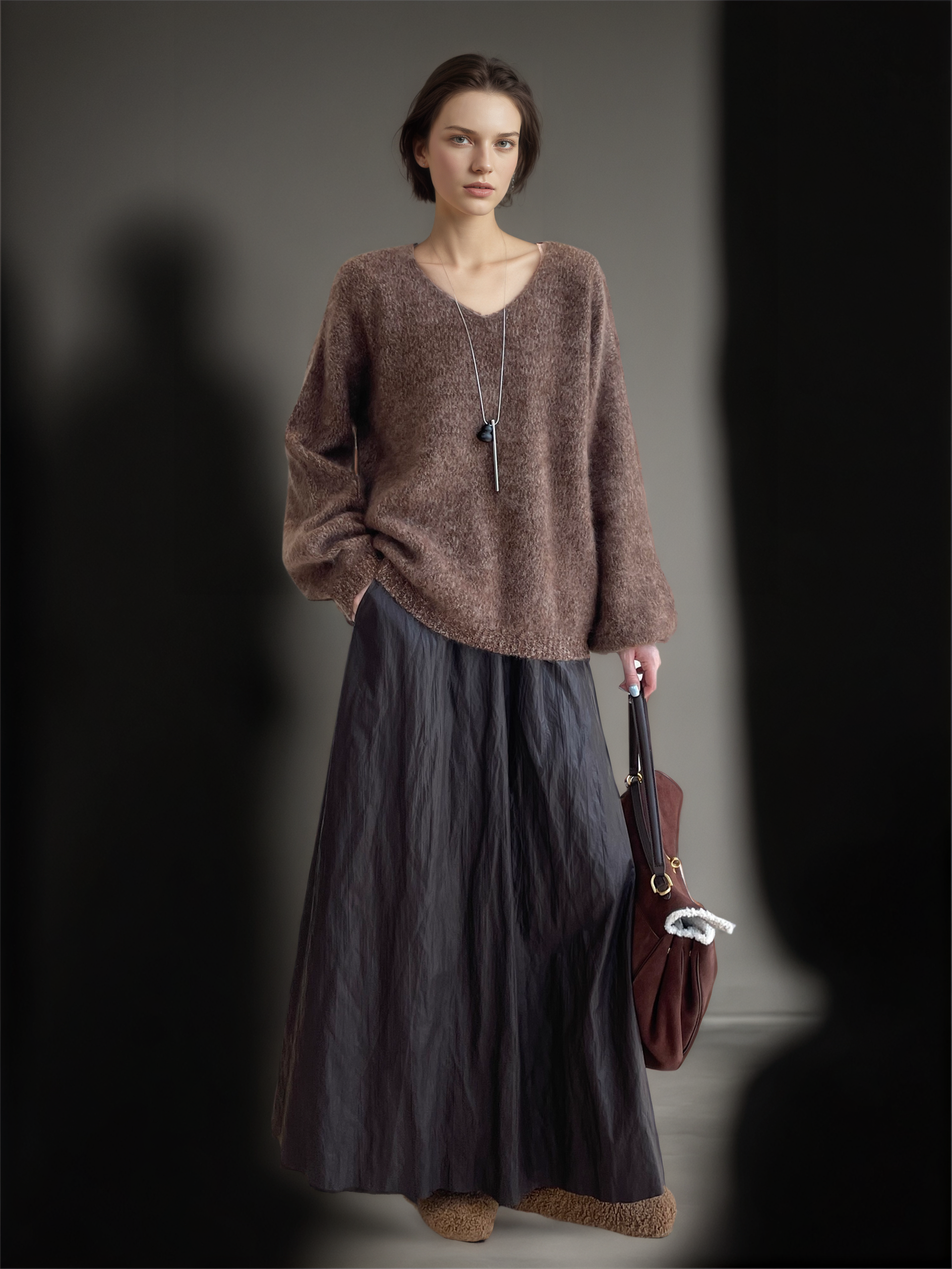 Women’s 100% Wool Brushed Knit Sweater | Seamless Two-Tone V-Neck Pullover with Soft Fuzzy Texture