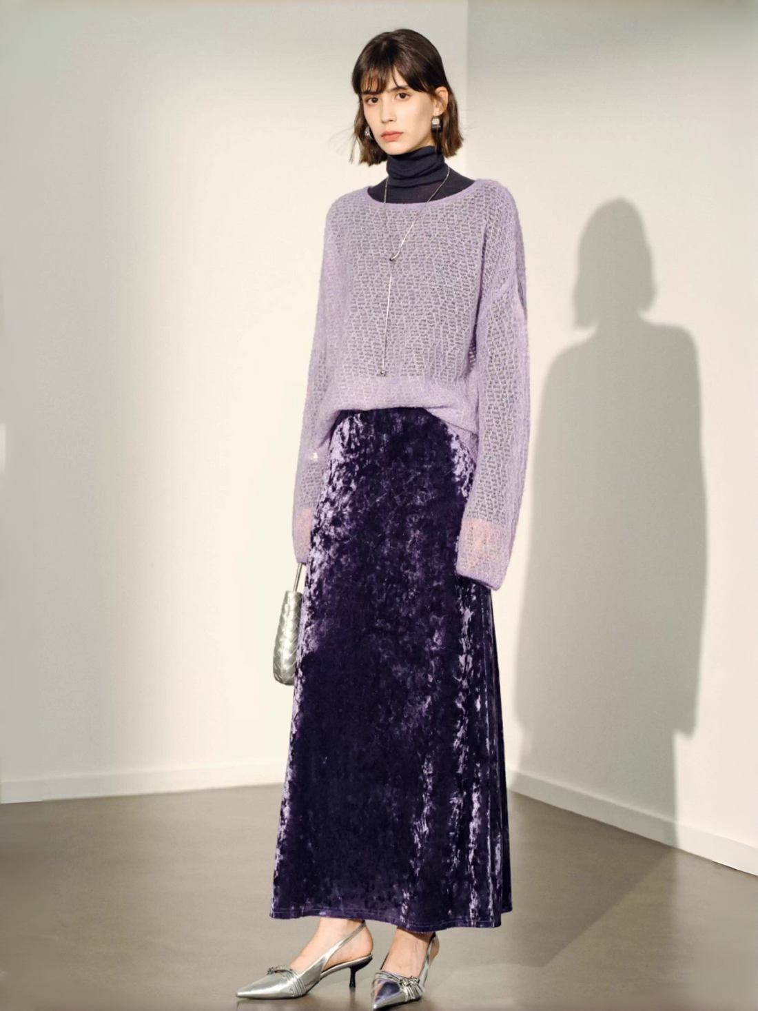 Elegant Purple Velvet Diamond-Touch High-Waist Midi Skirt for Women