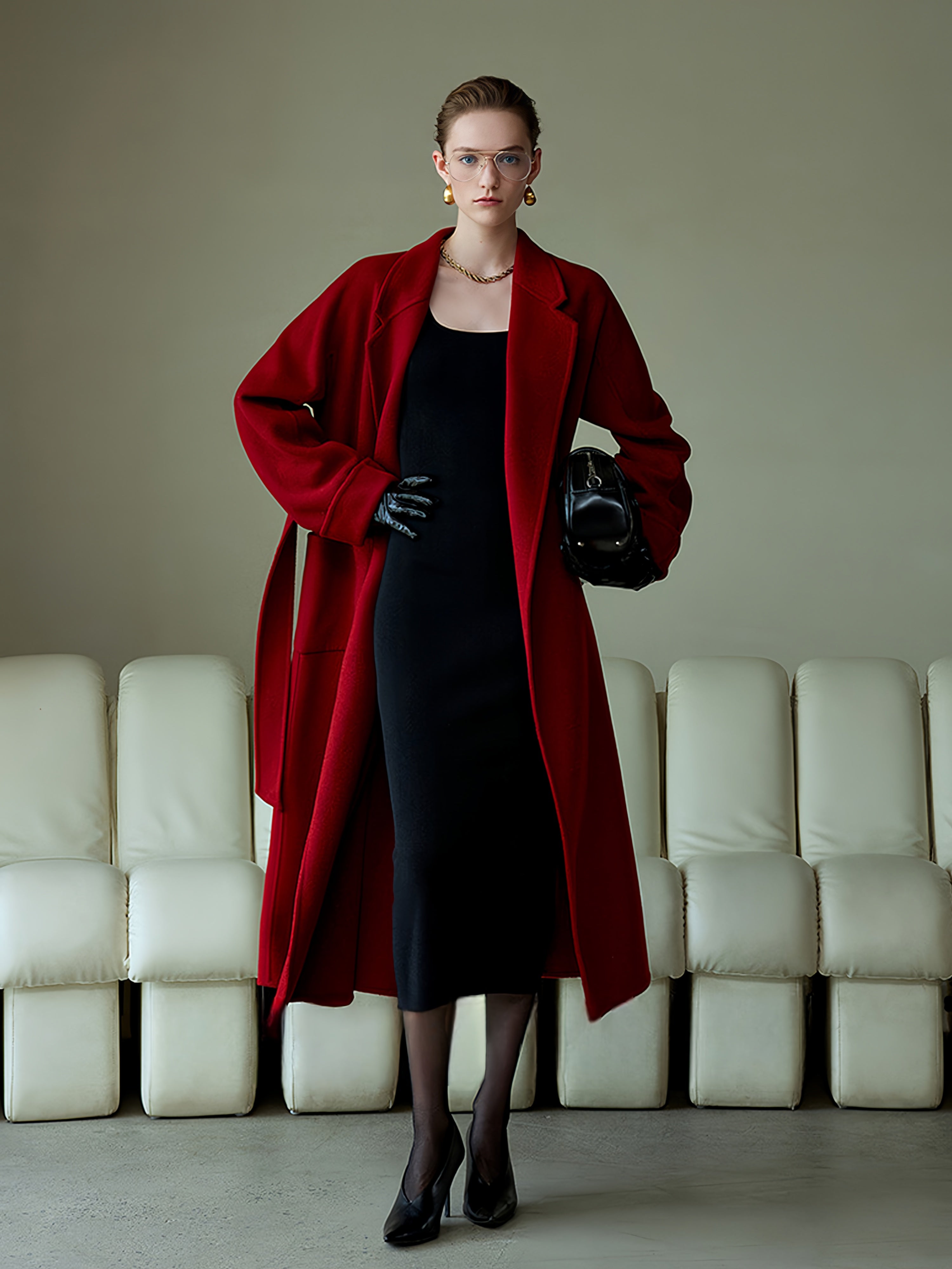 High-End Vintage Christmas Burgundy Double-Faced Wool Coat for Women | Loose Casual Elegant Wool Overcoat