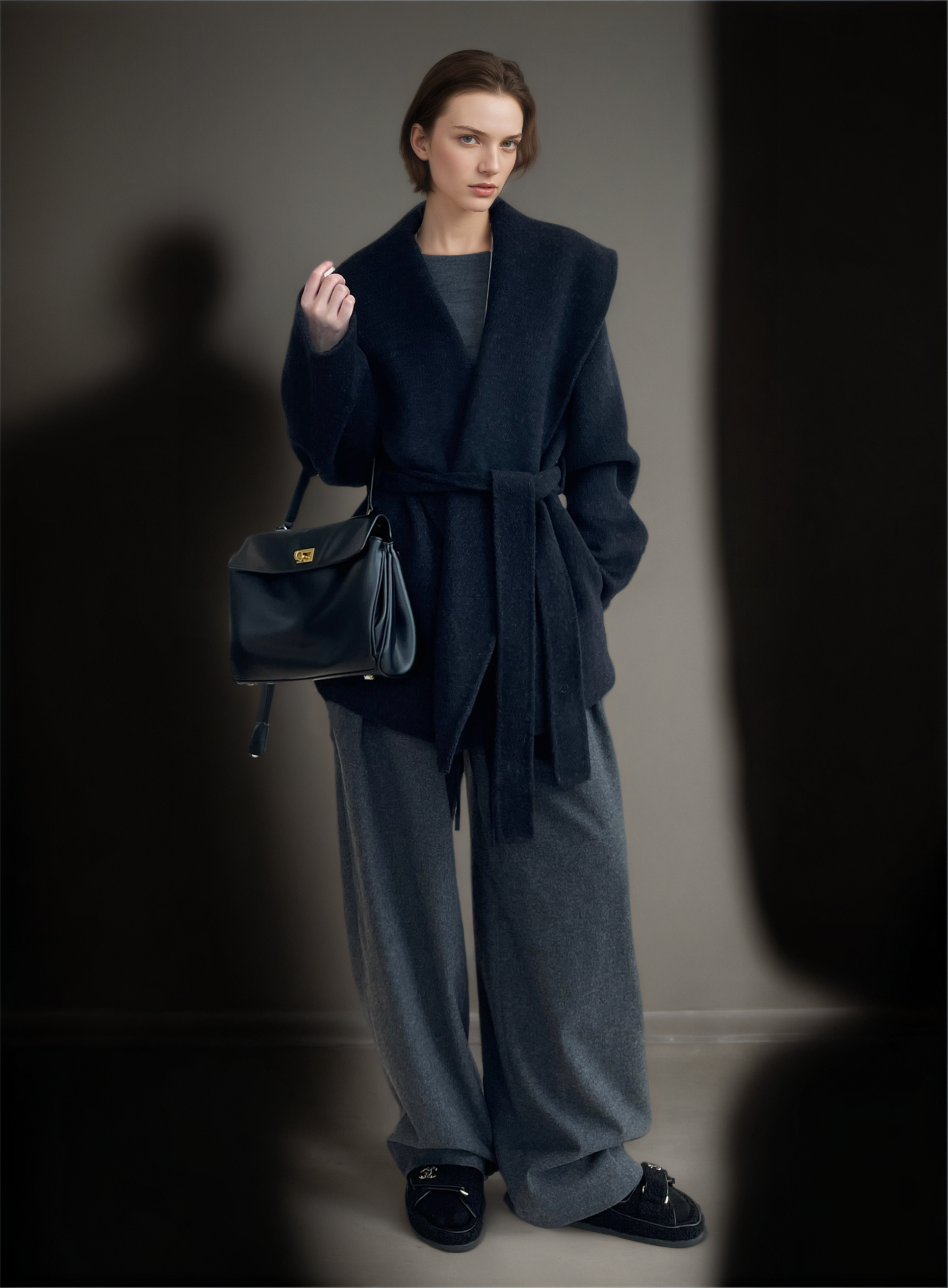 Wool Lyocell Wrap Coat for Women | Double-Faced Wool Overcoat with Lapel Collar, Relaxed Fit Winter Style