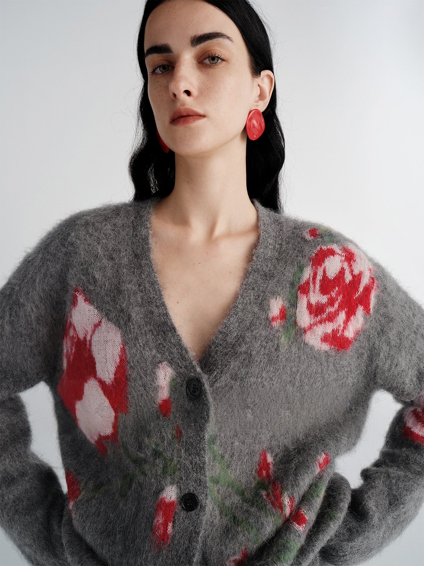Luxury Alpaca Rose Jacquard Cardigan & Mermaid Skirt – Relaxed Fit (Sold Separately)
