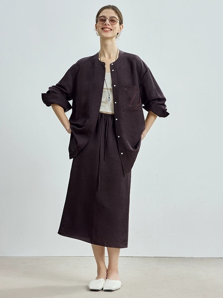 Minimalist Style Early Autumn Embroidered Stand Collar Shirt & Skirt Set (Sold Separately)