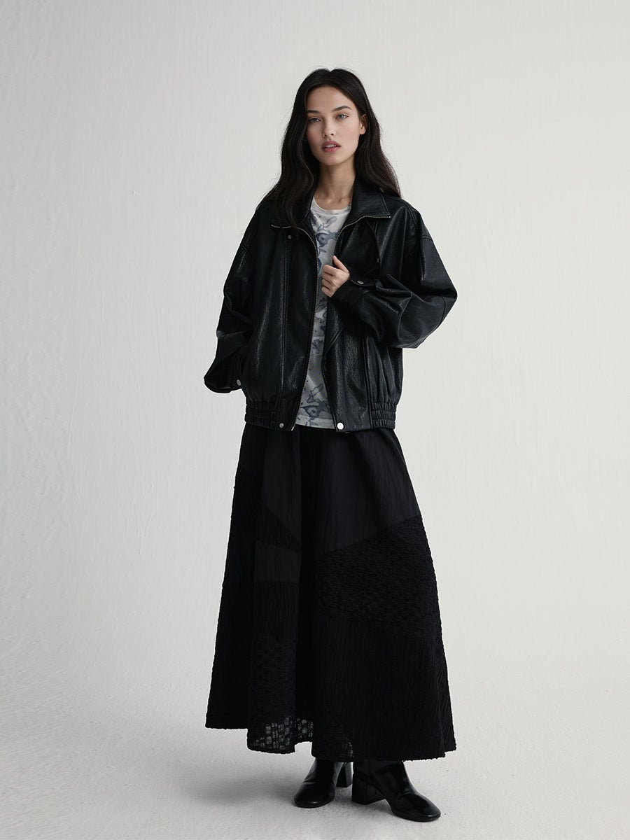 Textured Fabric Black Panel A-Line Skirt | Autumn A-Line Midi Skirt for Women