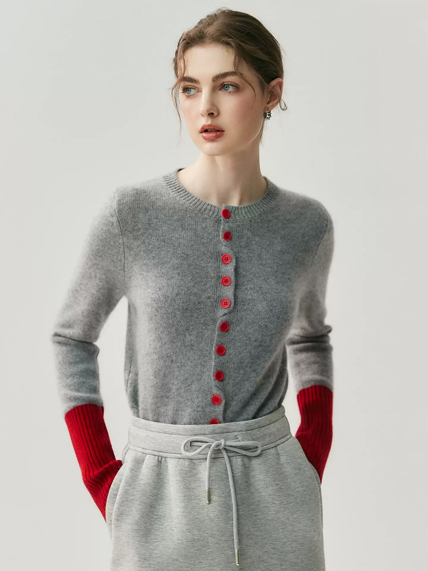 Baby Goat Cashmere Knit Cardigan for Women – Crew Neck Color-Block Wool Sweater Jacket