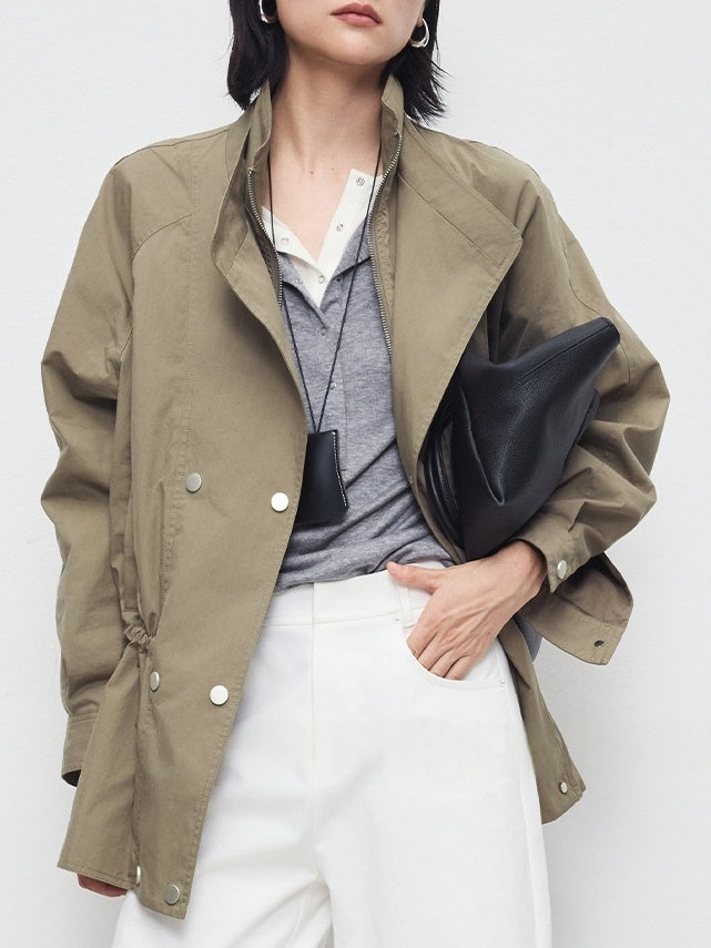 Autumn Retro High-Density Cotton Drawstring Dual-Collar Utility Jacket
