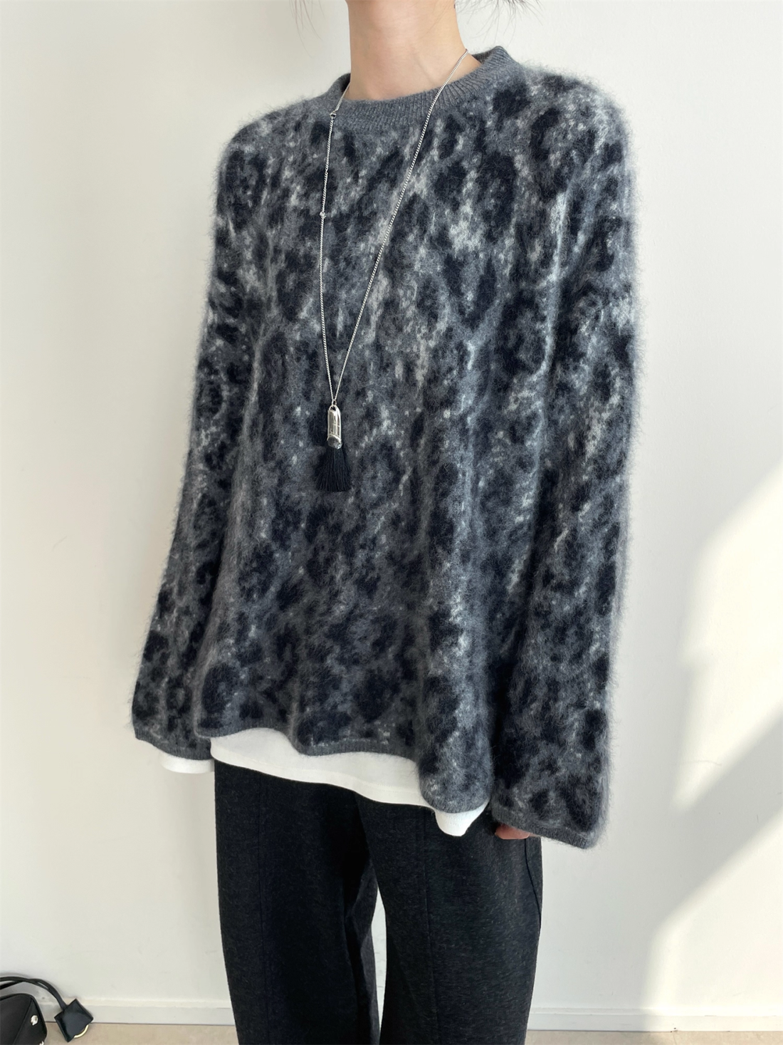 Women’s Leopard Print Cashmere Wool Sweater | Soft Brushed Knit Pullover for Fall Winter