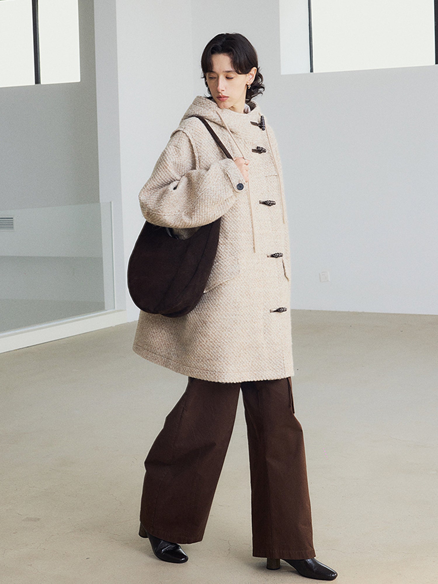 Wool-Blend Vintage Hooded Duffle Coat for Women – Loose Fit, Cozy Autumn-Winter Outerwear