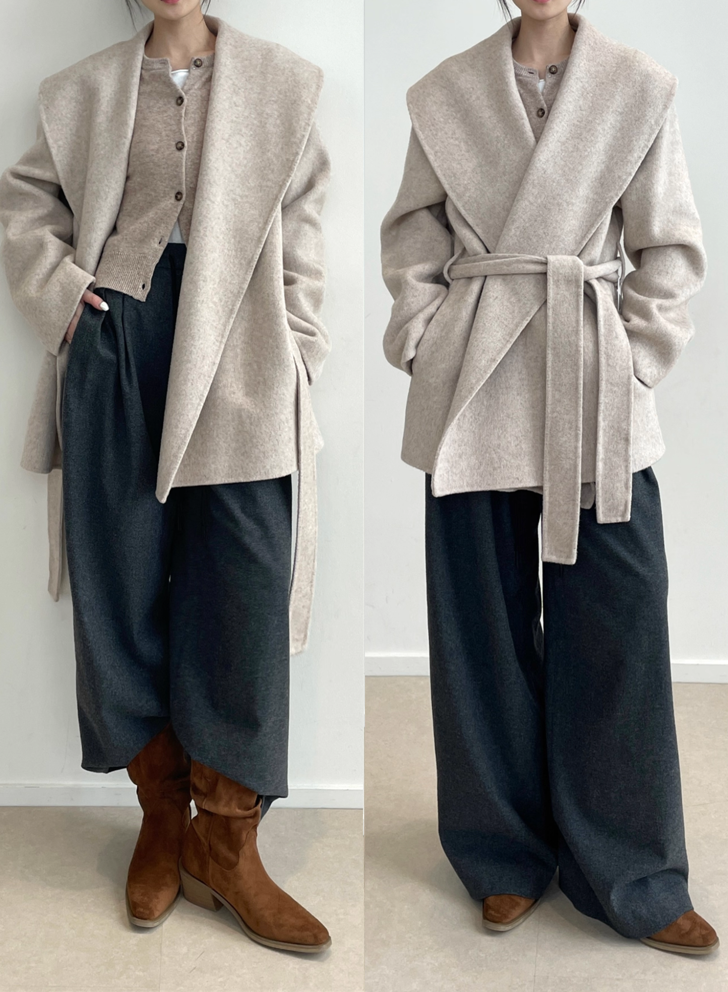 Wool Lyocell Wrap Coat for Women | Double-Faced Wool Overcoat with Lapel Collar, Relaxed Fit Winter Style